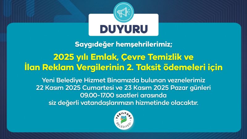 Yeşilyurt Belediyesi’nden Hafta Sonu Vezne Hizmeti!