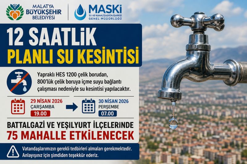 Malatya’da 12 Saatlik Planlı Su Kesintisi: 75 Mahalle Etkilenecek